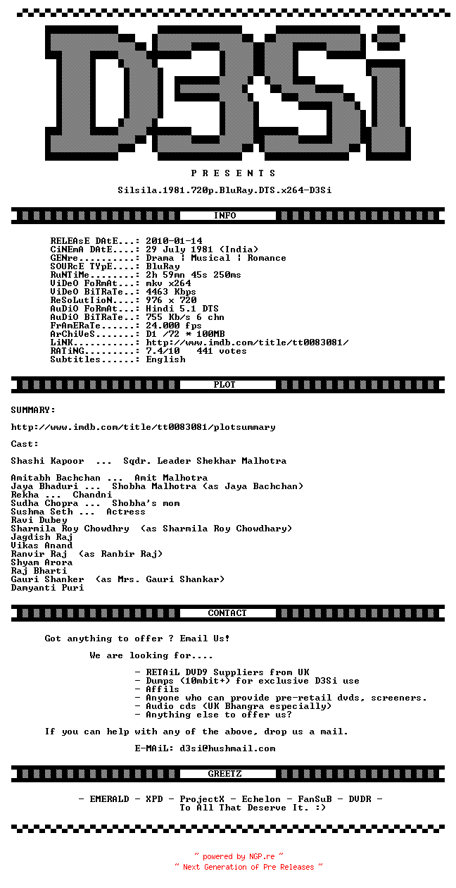 NFO for the release Silsila.1981.720p.BluRay.x264-D3Si by D3Si