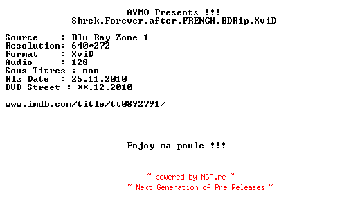 NFO for the release Shrek.Forever.after.FRENCH.BDRip.XviD-AYMO by AYMO