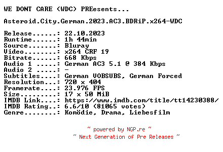 NFO for the release Asteroid.City.German.2023.AC3.BDRiP.x264-WDC by WDC