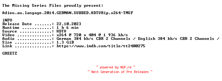 NFO for the release Adieu.au.langage.2014.GERMAN.SUBBED.HDTVRip.x264-TMSF by TMSF