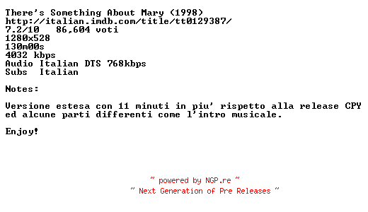 NFO for the release Tutti.Pazzi.Per.Mary.1998.iTALiAN.EXTENDED.720p.BluRay.x264-Rebels by Rebels