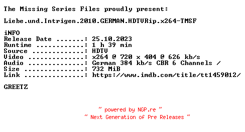 NFO for the release Liebe.und.Intrigen.2010.GERMAN.HDTVRip.x264-TMSF by TMSF