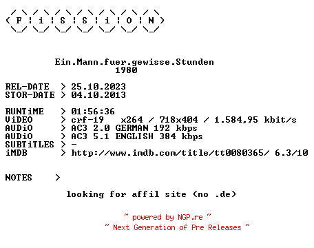 NFO for the release Ein.Mann.fuer.gewisse.Stunden.German.1980.DL.BDRiP.x264.iNTERNAL-FiSSiON by FiSSiON