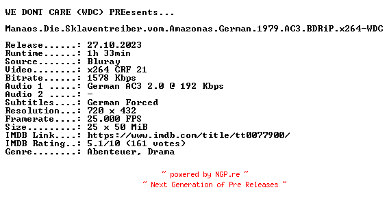 NFO for the release Manaos.Die.Sklaventreiber.vom.Amazonas.German.1979.AC3.BDRiP.x264-WDC by WDC
