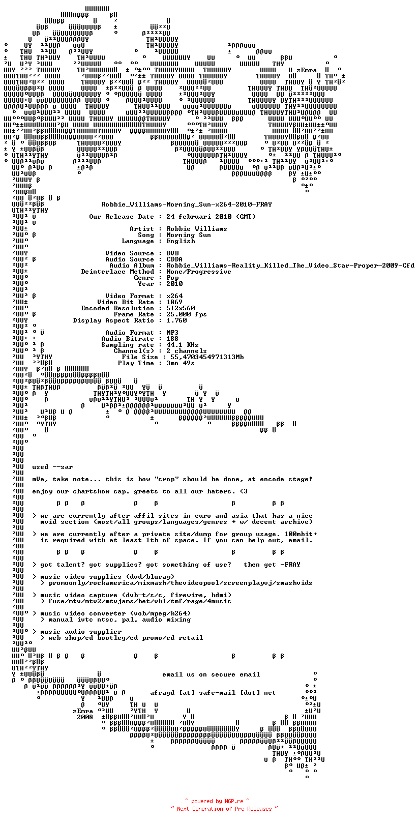 NFO for the release Robbie_Williams-Morning_Sun-x264-2010-FRAY by FRAY