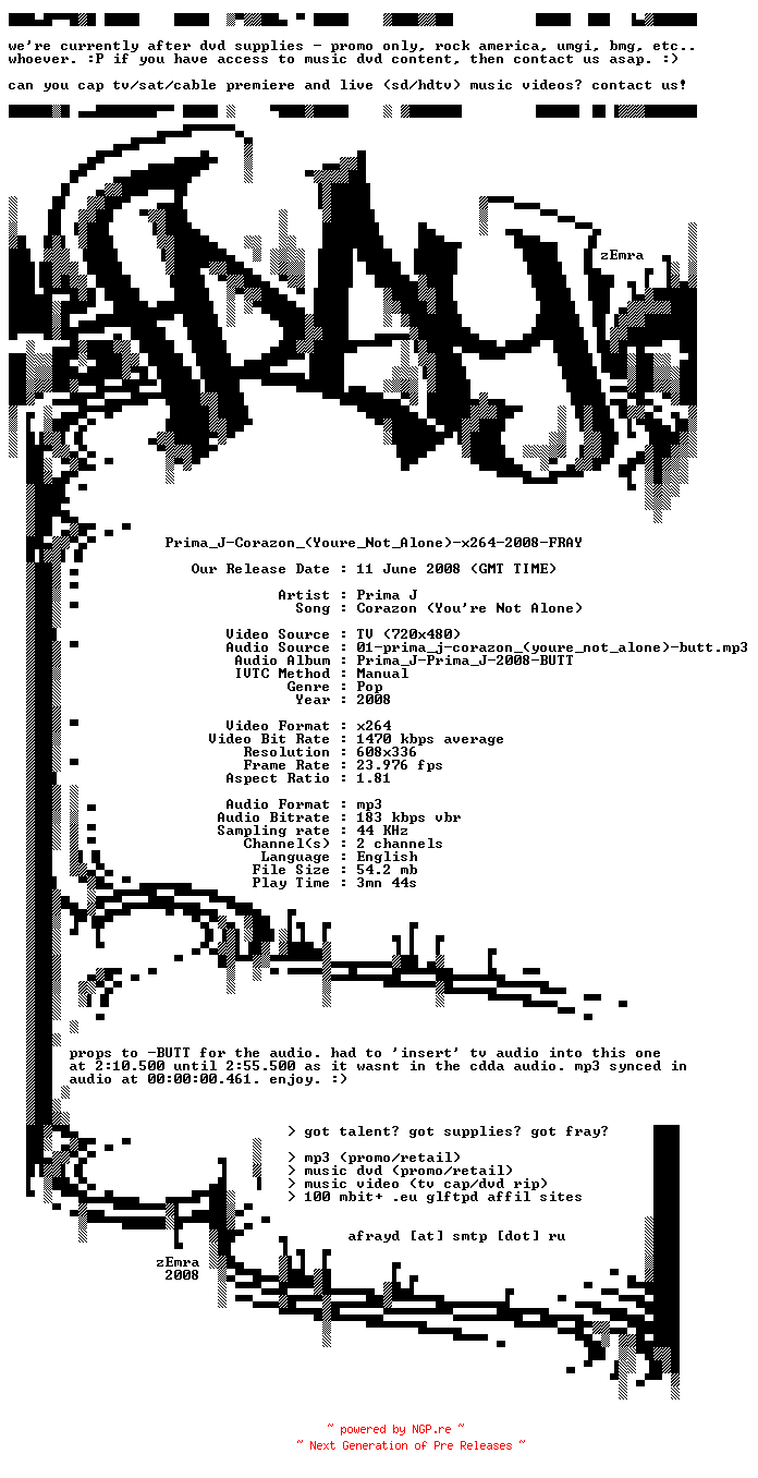 NFO for the release Prima_J-Corazon_(Youre_Not_Alone)-x264-2008-FRAY by FRAY
