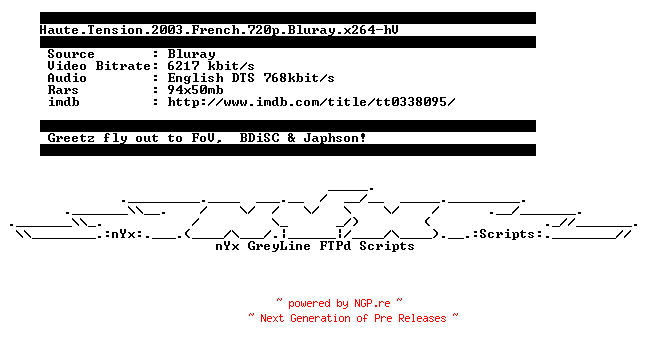 NFO for the release Haute.Tension.2003.French.720p.BluRay.x264-hV by hV