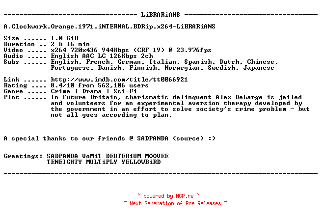 NFO for the release A.Clockwork.Orange.1971.iNTERNAL.BDRip.x264-LiBRARiANS by LiBRARiANS