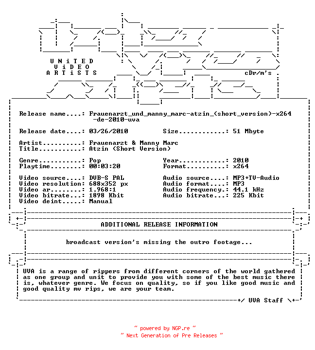 NFO for the release Frauenarzt_und_manny_marc-atzin_(short_version)-x264-de-2010-uva by uva