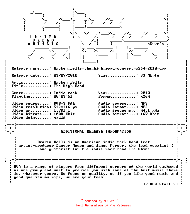 NFO for the release Broken_bells-the_high_road-convert-x264-2010-uva by uva