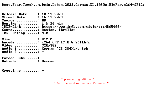 NFO for the release Deep.Fear.Tauch.Um.Dein.Leben.German.2023.AC3.BDRip.x264-SPiCY by SPiCY
