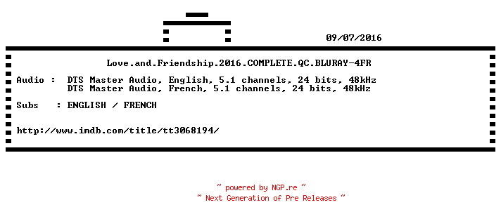 NFO for the release Love.and.Friendship.2016.COMPLETE.QC.BLURAY-4FR by 4FR