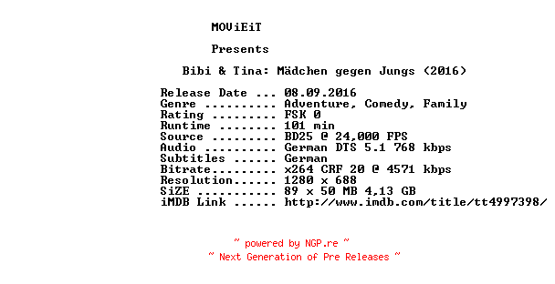 NFO for the release Bibi.und.Tina.Maedchen.gegen.Jungs.2016.GERMAN.720p.BluRay.x264-MOViEiT by MOViEiT