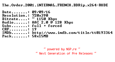 NFO for the release The.Order.2001.iNTERNAL.FRENCH.BDRip.x264-RUDE by RUDE