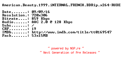 NFO for the release American.Beauty.1999.iNTERNAL.FRENCH.BDRip.x264-RUDE by RUDE