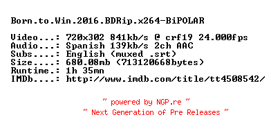 NFO for the release Born.to.Win.2016.BDRip.x264-BiPOLAR by BiPOLAR