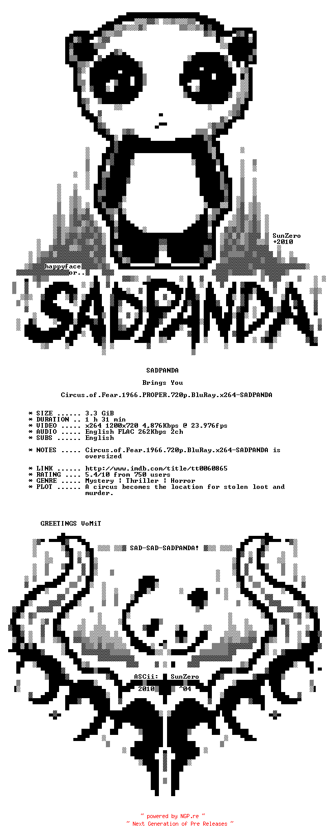 NFO for the release Circus.of.Fear.1966.PROPER.720p.BluRay.x264-SADPANDA by SADPANDA