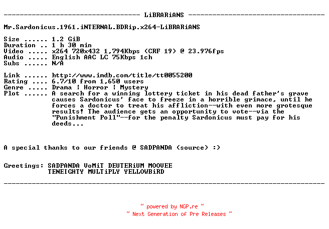 NFO for the release Mr.Sardonicus.1961.iNTERNAL.BDRip.x264-LiBRARiANS by LiBRARiANS