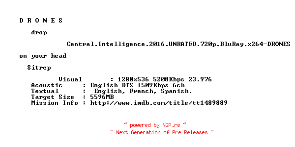 NFO for the release Central.Intelligence.2016.UNRATED.720p.BluRay.x264-DRONES by DRONES