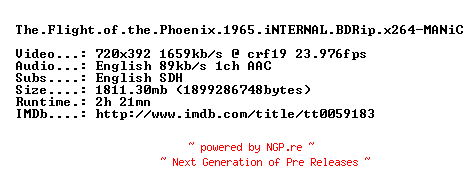 NFO for the release The.Flight.of.the.Phoenix.1965.iNTERNAL.BDRip.x264-MANiC by MANiC