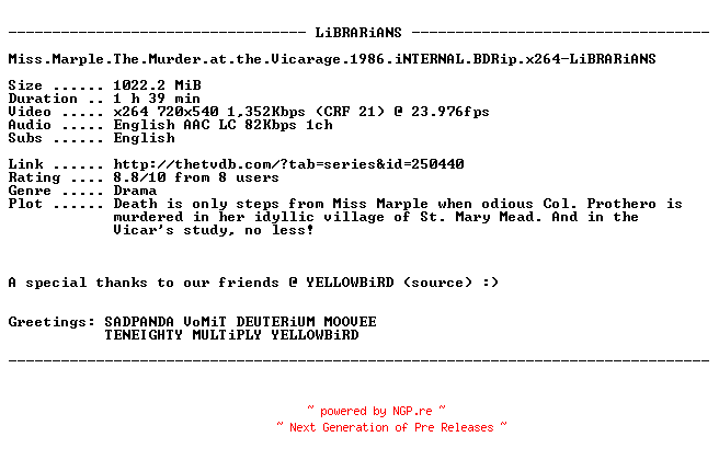 NFO for the release Miss.Marple.The.Murder.at.the.Vicarage.1986.iNTERNAL.BDRip.x264-LiBRARiANS by LiBRARiANS