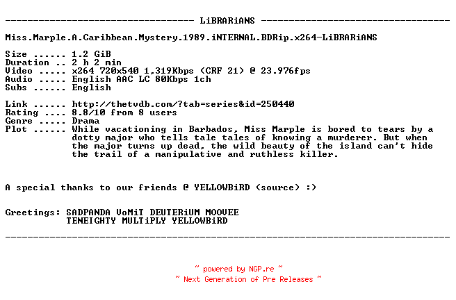 NFO for the release Miss.Marple.A.Caribbean.Mystery.1989.iNTERNAL.BDRip.x264-LiBRARiANS by LiBRARiANS