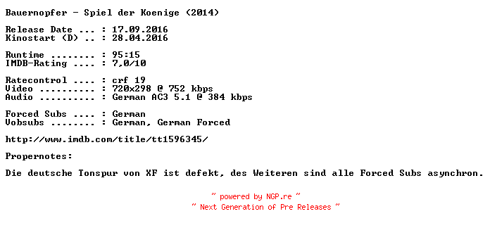 NFO for the release Bauernopfer.Spiel.der.Koenige.German.2014.AC3.BDRip.x264.PROPER-COiNCiDENCE by COiNCiDENCE