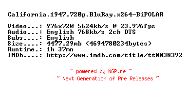 NFO for the release California.1947.720p.BluRay.x264-BiPOLAR by BiPOLAR