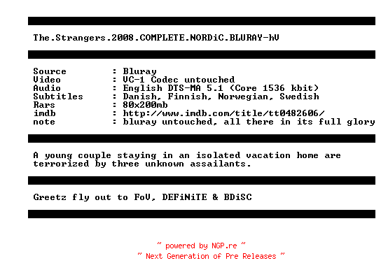 NFO for the release The.Strangers.2008.COMPLETE.NORDiC.BLURAY-hV by hV