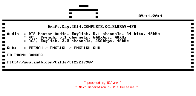 NFO for the release Draft.Day.2014.COMPLETE.QC.BLURAY-4FR by 4FR