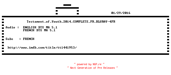 NFO for the release Testament.of.Youth.2014.COMPLETE.FR.BLURAY-4FR by 4FR
