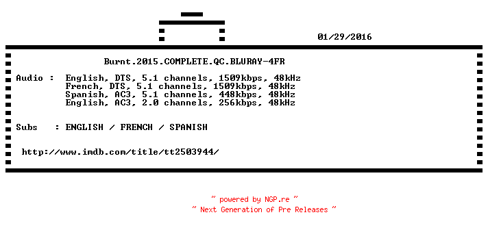 NFO for the release Burnt.2015.COMPLETE.QC.BLURAY-4FR by 4FR