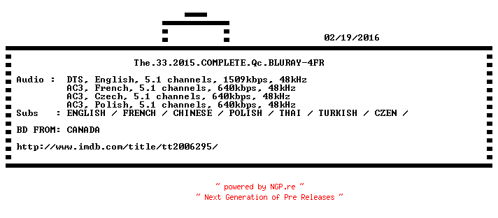 NFO for the release The.33.2015.COMPLETE.QC.BLURAY-4FR by 4FR