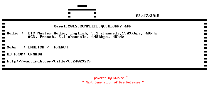 NFO for the release Carol.2015.COMPLETE.QC.BLURAY-4FR by 4FR