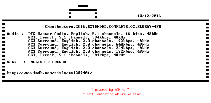 NFO for the release Ghostbusters.2016.EXTENDED.COMPLETE.QC.BLURAY-4FR by 4FR