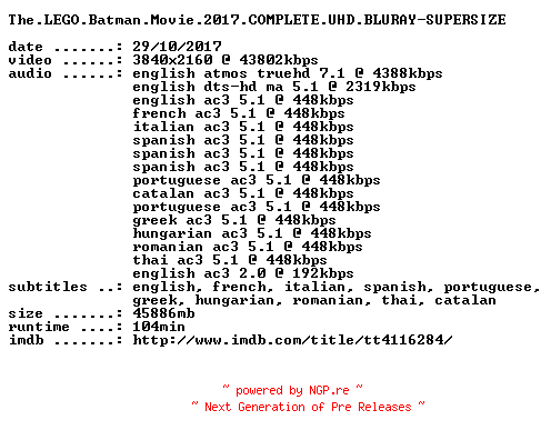 NFO for the release The.LEGO.Batman.Movie.2017.COMPLETE.UHD.BLURAY-SUPERSIZE by SUPERSIZE
