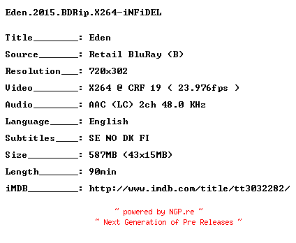 NFO for the release Eden.2015.BDRip.X264-iNFiDEL by iNFiDEL