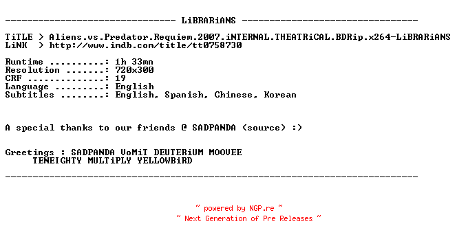 NFO for the release Aliens.vs.Predator.Requiem.2007.iNTERNAL.THEATRiCAL.BDRip.x264-LiBRARiANS by LiBRARiANS