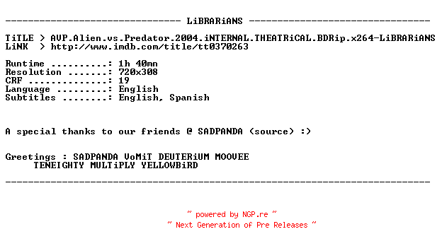 NFO for the release AVP.Alien.vs.Predator.2004.iNTERNAL.THEATRiCAL.BDRip.x264-LiBRARiANS by LiBRARiANS
