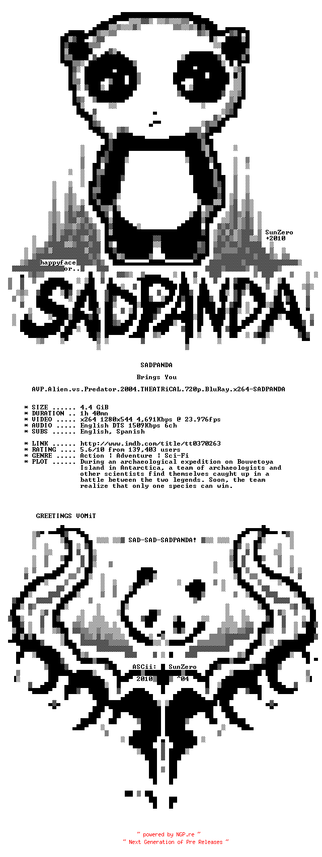 NFO for the release AVP.Alien.vs.Predator.2004.THEATRiCAL.720p.BluRay.x264-SADPANDA by SADPANDA