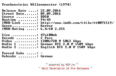 NFO for the release Frankensteins.Hoellenmonster.1974.German.720p.BluRay.x264-SPiCY by SPiCY