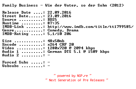 NFO for the release Family.Business.Wie.der.Vater.so.der.Sohn.2012.German.720p.BluRay.x264-SPiCY by SPiCY