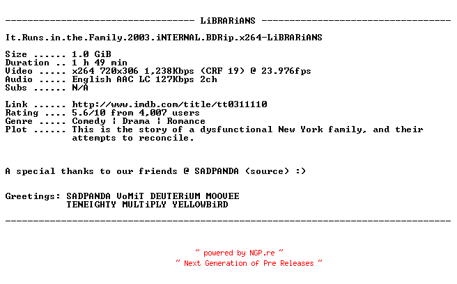 NFO for the release It.Runs.in.the.Family.2003.iNTERNAL.BDRip.x264-LiBRARiANS by LiBRARiANS
