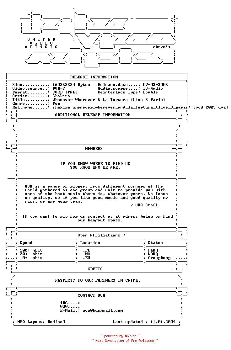 NFO for the release Shakira-Whenever_Wherever_and_La_Tortura_(At_Live_8_Paris)-SVCD-2005-UVA by UVA