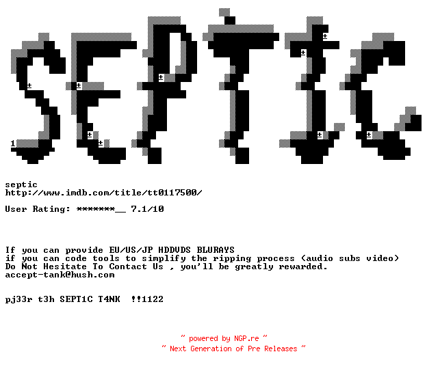 NFO for the release The.Rock.1996.720p.DVD9.BluRay.x264-SEPTiC by SEPTiC