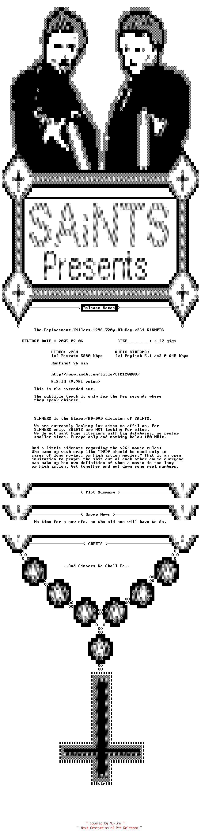 NFO for the release The.Replacement.Killers.1998.720p.BluRay.x264-SiNNERS by SiNNERS