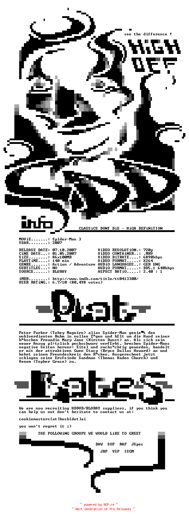 NFO for the release Spiderman.3.2007.German.DL.DVD9.720p.BluRay.x264-CDD by CDD