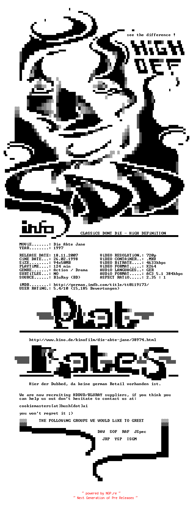 NFO for the release Die.Akte.Jane.1997.German.AC3D.720p.BluRay.x264-CDD by CDD