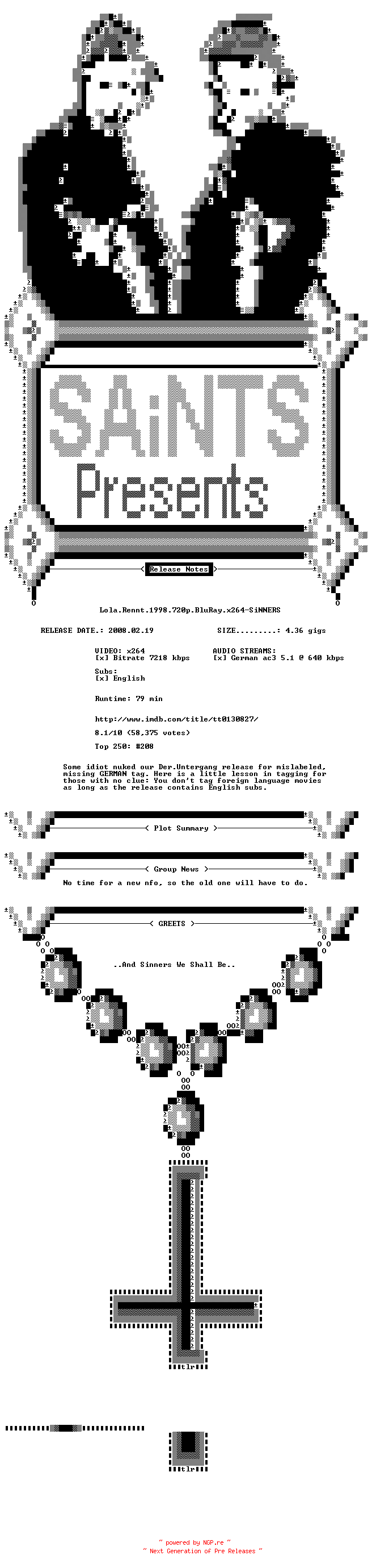 NFO for the release Lola.Rennt.1998.720p.BluRay.x264-SiNNERS by SiNNERS