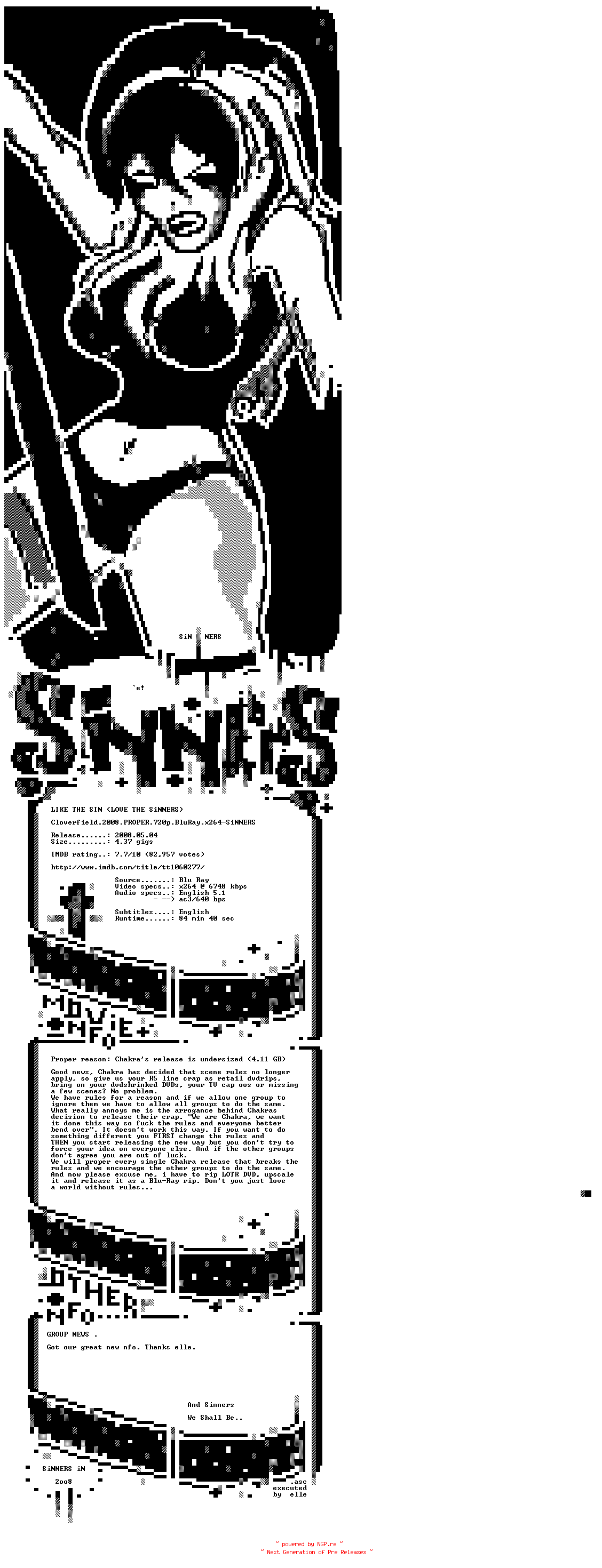 NFO for the release Cloverfield.2008.PROPER.720p.BluRay.x264-SiNNERS by SiNNERS